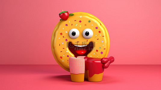 巨大的粉色釉面草莓甜甜圈吉祥物，带有黄色背景和 3D 渲染的信息图表业务饼图
