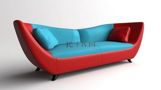 白色背景 3D 渲染上时尚现代的红色和蓝色沙发