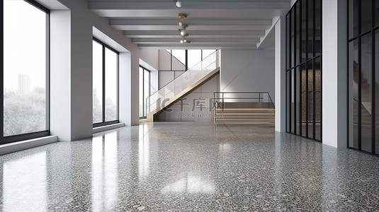 现代风格的用餐区 3D 渲染，采用阶梯地板和水磨石地板设计