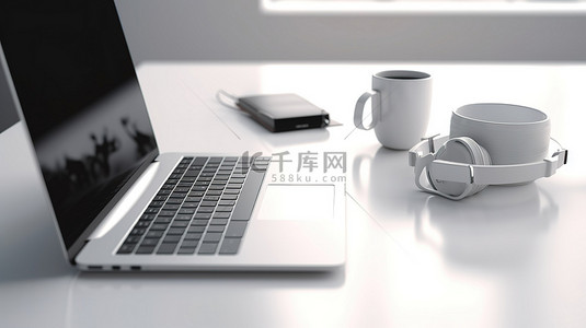 白色的桌子上装饰着咖啡杯耳机和 3D 渲染的笔记本电脑