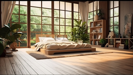 家庭日背景图片_热带房间内部配有日式床和榻榻米地板，以 3D 渲染