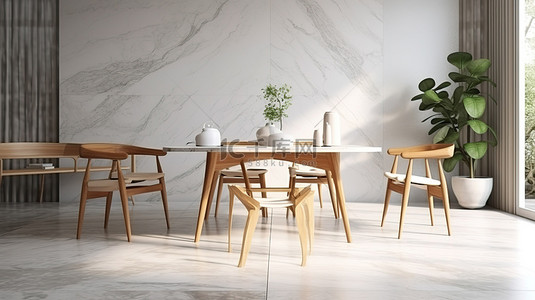 用餐空间的 3D 渲染，配有手工编织的竹椅木腿和大理石地板