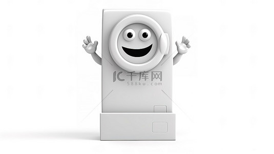 海报洗衣机背景图片_时尚的白色洗衣机吉祥物，带有空白促销台，在白色背景上以 3D 形式呈现