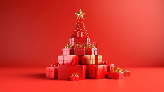节日横幅与圣诞树和新年礼物在充满活力的红色背景 3D 渲染