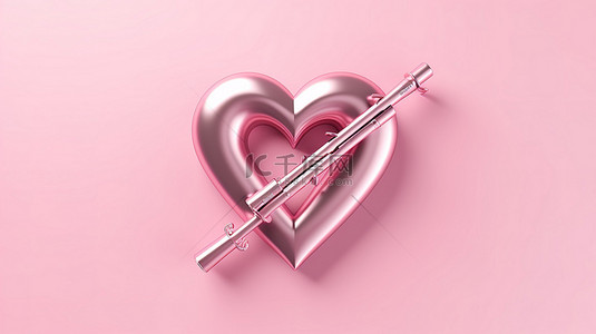 特丘比特之箭背景图片_3d 渲染粉红色情人节概念金属心和箭