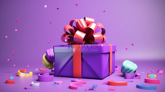 带卡通彩带和蝴蝶结的封闭式生日礼盒的当代 3D 渲染