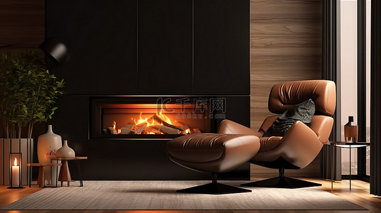 现代客厅配有时尚壁炉皮革扶手椅和时尚黑灯 3D 可视化