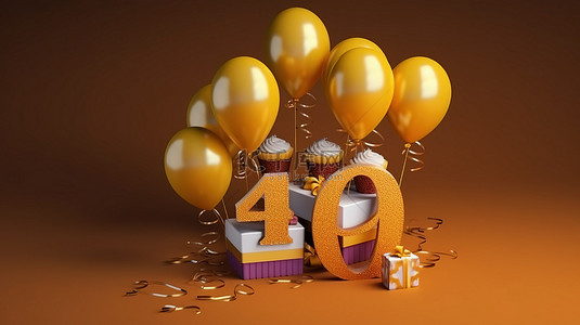 40 岁生日庆祝金色蛋糕，带气球和 3D 渲染礼物