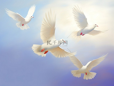 飞翔鸽子背景图片_五只飞翔的鸽子在白色的天空中漂浮