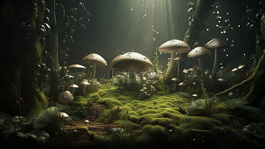 卡通大蘑菇背景图片_森林大树植物蘑菇