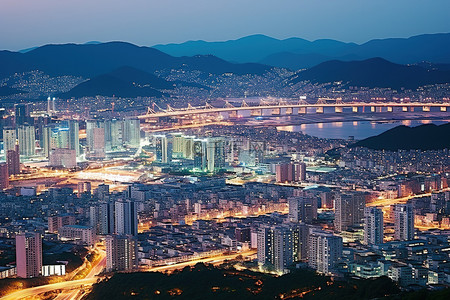 韩国城市夜间鸟瞰图
