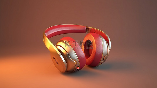 简约音乐爱好者红色和金色无线音频耳机的逼真 3D 渲染