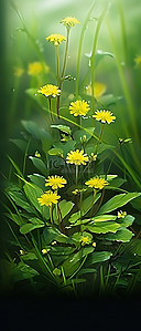杂草底板背景图片_地上生长的杂草和黄色的小花
