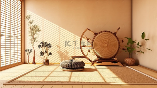 垫桌背景图片_宁静的禅宗日本风格房间，装饰着传统的榻榻米垫
