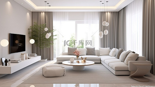 带米色沙发的白色客厅的当代 3D 渲染