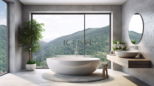 现代浴室配有宽敞的玻璃浴缸混凝土墙和大窗户，特写 3D 渲染