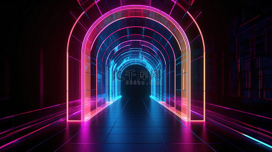 3d 中的霓虹灯虚拟现实隧道呈现出彩虹般的发光线和鲜艳的色彩