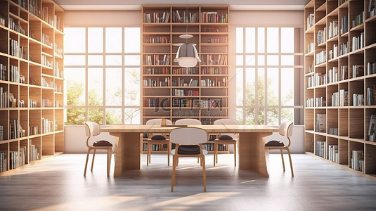 书架上摆满桌子和椅子的图书馆的 3D 渲染