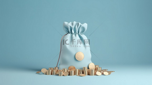 带有硬币和纸币的当代金融储蓄袋，在柔和的蓝色背景上以简约的 3D 渲染