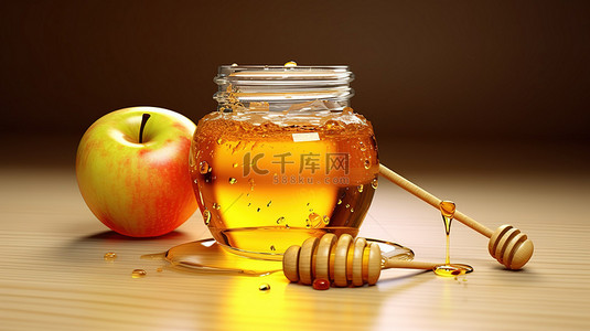 甜果实背景图片_美味蜂蜜和苹果组合的 3D 渲染