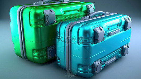 以 3D 渲染的蓝色和绿色硬壳行李箱
