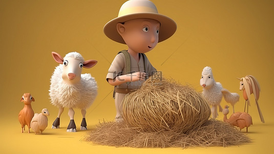 开心男孩背景图片_戴着草帽的小男孩照顾他的农场动物 3d 渲染
