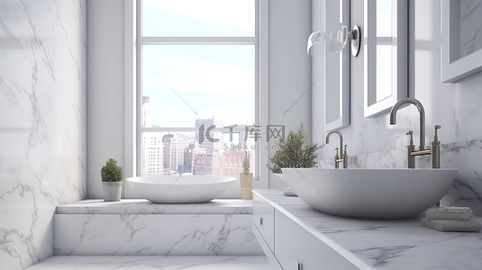 时尚简约的白色大理石浴室台面与现代白色背景 3D 渲染图像相映衬