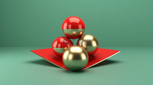 浅绿色背景上金红色和绿色几何圣诞装饰的 3D 渲染