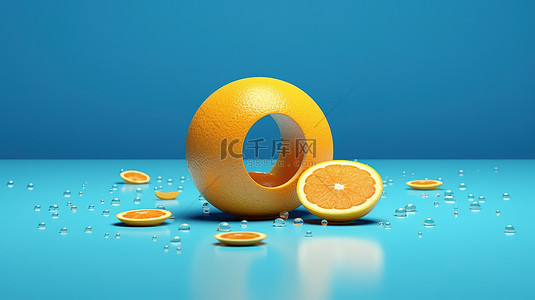 橙子切片背景图片_蓝色背景，带有 3D 渲染的切片橙子和浮动黄色球体