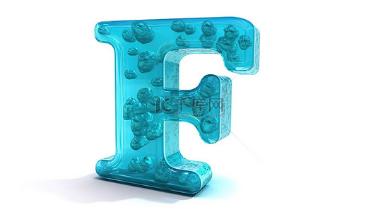 蓝色水字母背景图片_白色背景上孤立的水蓝色果冻 f 的 3d 插图