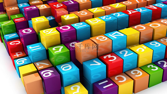二十个充满活力的彩色盒子以数字形式排列在 3D 渲染的白色背景上