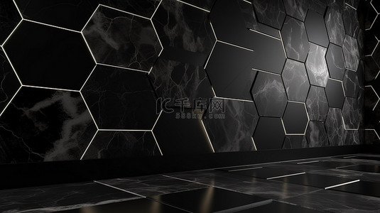3d 渲染中光滑黑色大理石的六角形面板