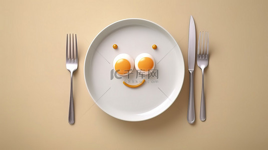 卡通白盘子背景图片_顶视图 3D 渲染一个带有卡通脸鸡蛋的盘子，并配有叉子和刀子