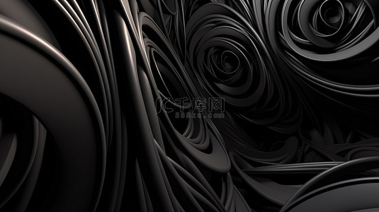 3D 渲染中具有抽象黑色漩涡扭曲艺术设计的墙壁背景