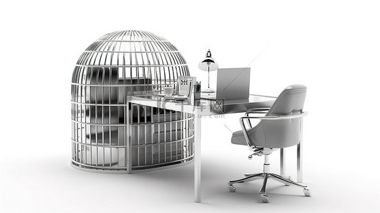 银笼办公室的 3D 渲染非常适合白色背景下的商务工作