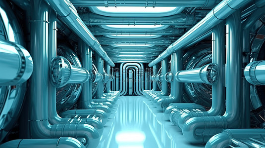 科幻朋克背景图片_带有科幻管道和电缆的 3D 渲染背景的未来结构