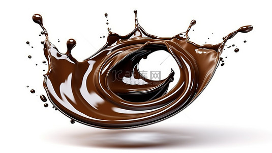 白色液体飞溅的孤立黑巧克力漩涡的 3D 插图