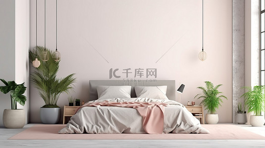 不拘一格的卧室，配有未整理的床粉色格子绿色植物和灯具，映衬着空白的白墙 3D 渲染