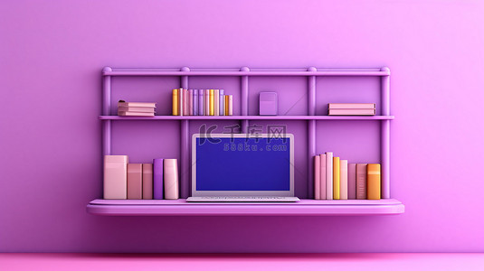 紫色架子背景横幅下笔记本电脑的 3D 插图