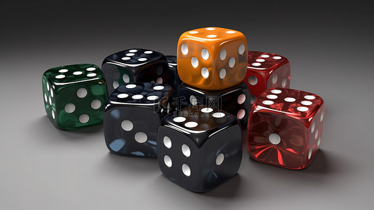 在白色背景上隔离的游戏骰子的 3D 插图集合，骰子设计从一到六