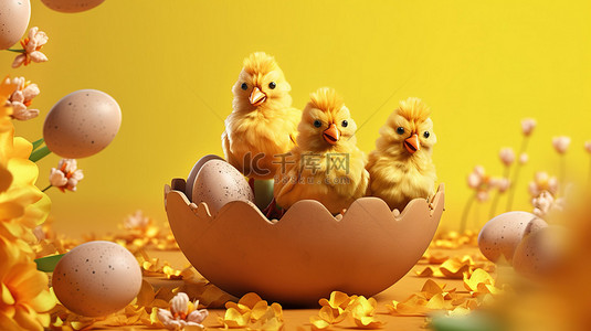 3D 复活节彩蛋和鸡令人惊叹的横幅或贺卡装饰