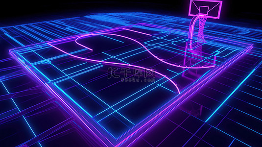 篮球虚拟操场发光的紫蓝色 3d 渲染与运动场方案