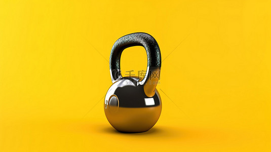壶铃健身背景图片_充满活力的黄色背景下孤立金属壶铃健身房重量的 3D 插图