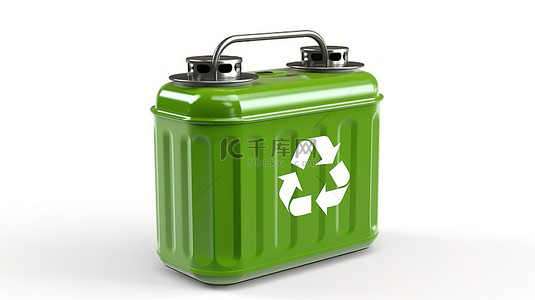 生物燃料背景图片_绿色金属杰瑞罐上的可持续燃料理念回收符号在白色背景上 3d 渲染