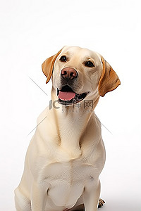 坐在白色工作室背景中的黄色拉布拉多猎犬