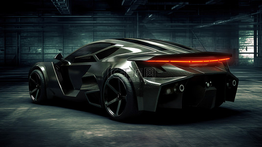 蹩脚的未来派黑色跑车 3D 渲染的后视图，没有品牌