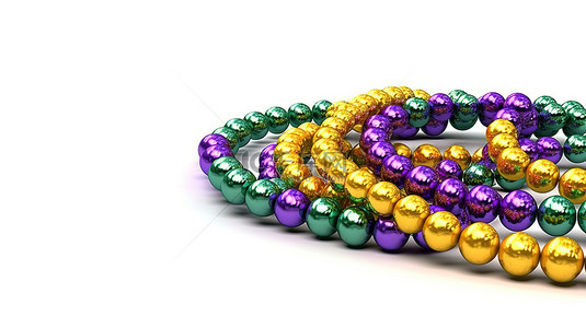 色彩缤纷的狂欢节装饰充满活力的珠子，用于白色背景 3D 渲染的节日庆祝活动