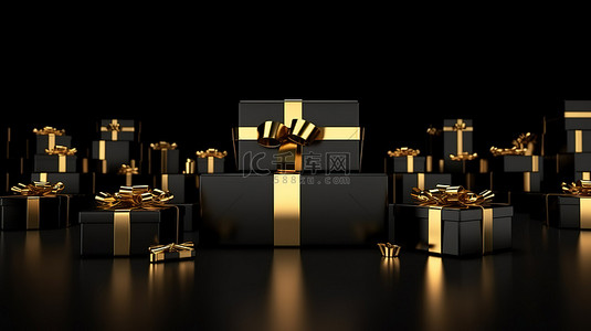 霓虹灯标志黑色星期五 3D 渲染黑色礼品盒，黑色背景上饰有金色蝴蝶结