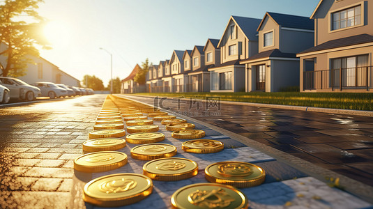 一排金币上升，伴随着 3D 渲染的汽车和房屋