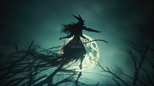女巫蝙蝠背景图片_万圣节女巫在满月上空翱翔的剪影的 3D 插图